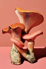 Surreal close-up of exotic orange mushrooms with sculptural forms and textured stems on pink surface. Modern abstract food concept or fantasy botanical specimen.