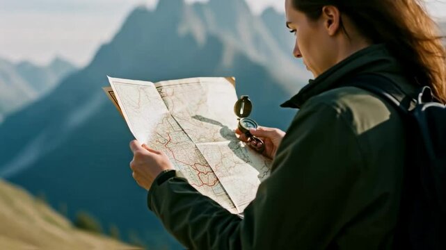 Female hiker consults a map intently while holding a compass against a backdrop of majestic mountains, navigating the wilderness, embodying adventure, exploration, and navigational skills