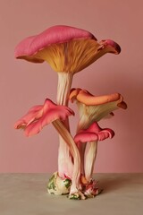 Cluster of pink and orange mushrooms with velvet texture and smooth gills. Fantasy botanical still life on muted pink background.