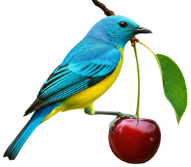 Colorful Bird Perched on a Cherry with a Leaf, transparent background png