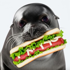 A Seal Eating a Hotdog on a White Background