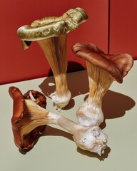Three surreal mushrooms with glossy hats on geometric background. Conceptual still life with warm light and sculptural organic forms.
