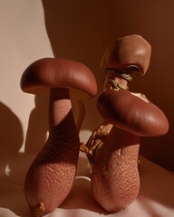 Three velvety mushrooms with smooth rounded caps and speckled stems in soft spotlight. Moody alien fungal forms with sculptural texture.