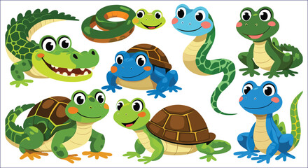 Obraz premium Cute Cartoon Reptile And Amphibian Character Vector Collection Design Art
