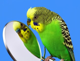 Green and yellow budgie looking at itself in the mirror