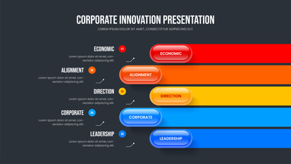 Project Growth Slide Template Vector Illustration. Financial Strategy Five Element Diagram Slideshow Layout. Market Planning 5 Option Infographic Frame Design.
