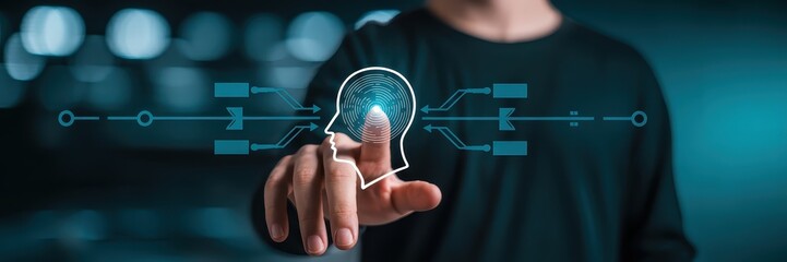 Person interacts with digital interface displaying a conceptual model of artificial intelligence.