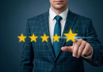 Businessman achieving five star rating success feedback online review excellent service professional achievement
