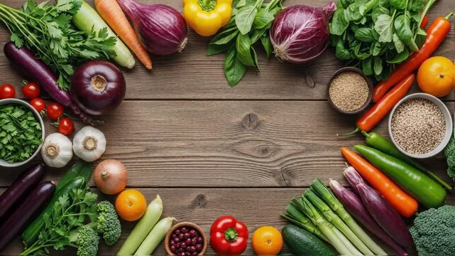 Fresh colorful vegetables and grains artfully frame a rustic wooden table, viewed from top down, promoting healthy eating, organic produce, and culinary inspiration for nutrition or food blogs