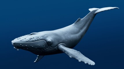 A solitary humpback whale gracefully swims through the deep ocean waters
