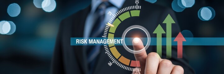 Businessperson interacting with a risk management interface.