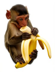 A cute monkey eating a ripe yellow banana