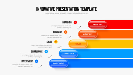 Enterprise Innovation Five Step Diagram Slide Template. Consulting Launch 5 Option Infographic Slideshow Design. Marketing Insight Frame Layout Vector Illustration.
