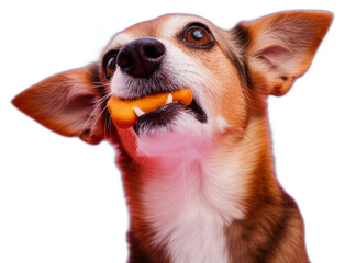 Dog Portrait with Funny Orange Object in Mouth, transparent background png