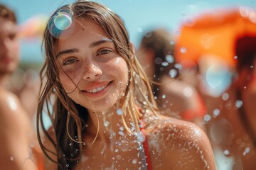A captivating image of a smiling girl submerged in water, with droplets capturing the light, representing joy, freedom, and the essence of summertime fun in a refreshing pool atmosphere.