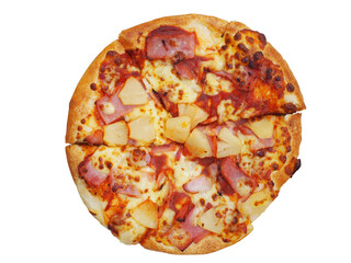Top view of a Hawaiian pizza on white background, topped with pineapple chunks, ham, and melted mozzarella cheese on a golden crust.