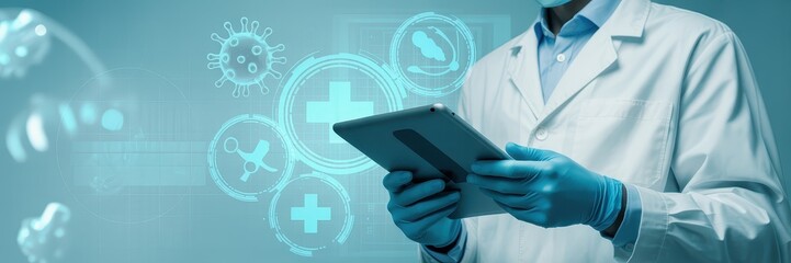 Medical professional using a tablet with holographic medical data.