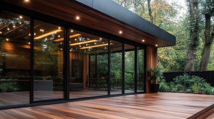 An elegant interior space with large glass windows showcasing a beautiful view of nature, emphasizing the harmony between modern design and the surrounding environment.