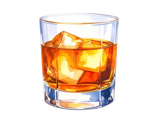 Watercolor illustration of whiskey drink with ice cubes. Whiskey drink illustration in hand-drawn watercolor