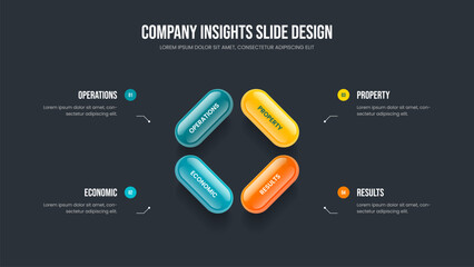 Visual Visualization 4 Element Diagram Frame Design. Service Overview Four Option Infographic Slideshow Template. Market Proposal Presentation Layout Vector Illustration.