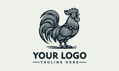 Rooster standing upright with detailed feather texture and large tail in bold monochrome illustration style. Animal concept
