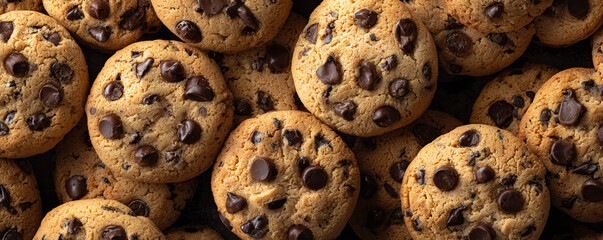 Delicious chocolate chip cookies stacked closely together, creating warm and inviting scene