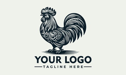 Rooster standing upright with detailed feather texture and large tail in bold monochrome illustration style. Animal concept
