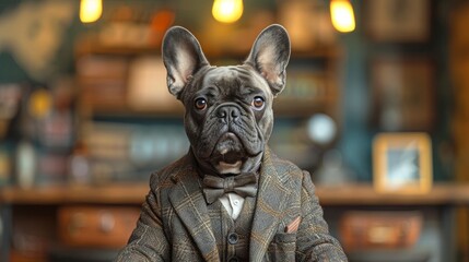 A charming dog dressed in a stylish suit poses with an engaging expression, blending humor and fashion in a delightful manner that showcases the fun side of pet photography.