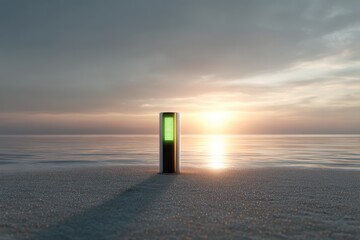 Illuminated Beacon on Sandy Beach at Sunset