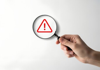 Hand holding magnifying glass focusing on a red warning triangle symbol indicating caution or alert