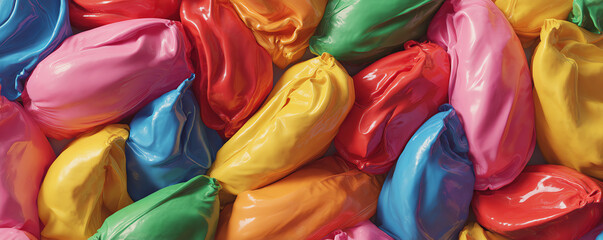 Colorful inflated balloons squished together create vibrant and playful scene
