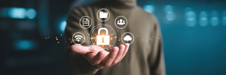 Hand holding digital security icons.