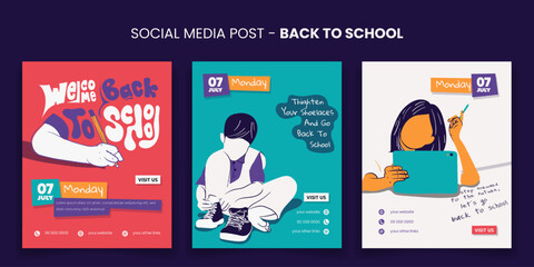 Back to school. set of social media post banner with school illustration in flat cartoon design © Labib_Retro