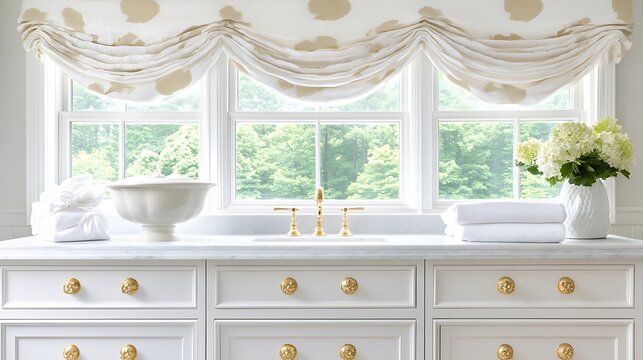 Elegantly designed bathroom with natural light and sophisticated white cabinetry featuring gold knobs