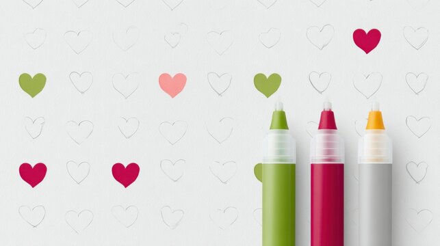 Naklejki Colored Markers and Hearts on Textured Paper Background