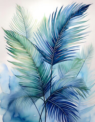 A beautiful watercolor illustration of palm leaves in varying shades of blue and green, set against a soft, abstract background