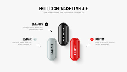 Market Profile Three Option Diagram Slide Layout. Product Plan 3 Element Infographic Slideshow Template. Investor Solution Frame Design Vector Illustration.
