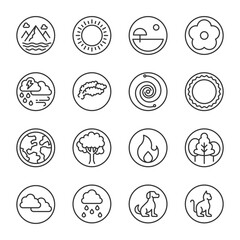nature icon line set. editable stroke.  circle vector illustration ,nature, summer, sky, flowers, dog, cat, wate, clouds