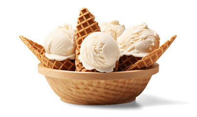  cream scoops in waffle basket on a transparent background