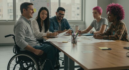 Diverse Group of People Meeting in Modern Office with Natural Light and Collaborative Atmosphere