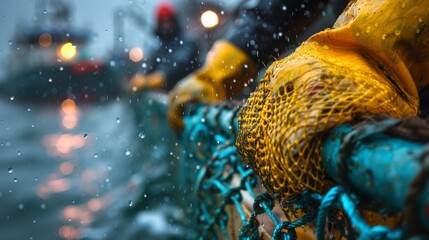 A close-up of a fishing crew working in rainy weather, highlighting their commitment and resilience amidst challenging maritime conditions.