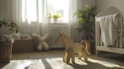una habitacion infantil decorada minimalista con un caballo de madera muebles infantiles artesania hecho a mano tradicional creativo y artistico 