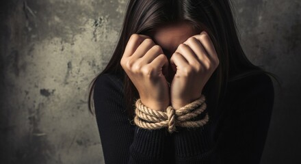 Obraz premium Bound Tears Helpless Woman in Despair Against a Textured Wall.