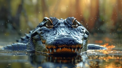 Fototapeta premium An up-close view of a crocodile resting in calm waters, showcasing its powerful features and the serene environment, representing the beauty and danger of nature.