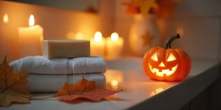 Halloween Bathroom Decor with Pumpkin and Candles. A close-up view of a bathroom countertop at night, featuring a stack of white towels, a bar of light beige soap, and a lit jack-o'-lantern pumpkin.