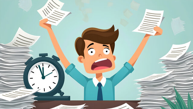 Stressed office worker surrounded