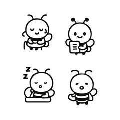 collection of activities Vector Line Art Honey Bee Chibi Office Work
