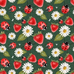 Summer fruit and floral pattern on green