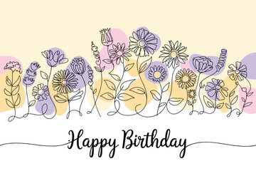 Cheerful Floral Birthday Card Design Line Art Flowers and Happy Birthday Wishes