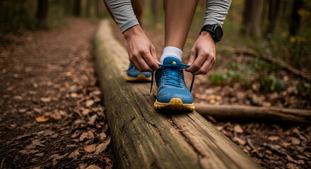Person Tying Shoe Laces on Fallen Log in Forest